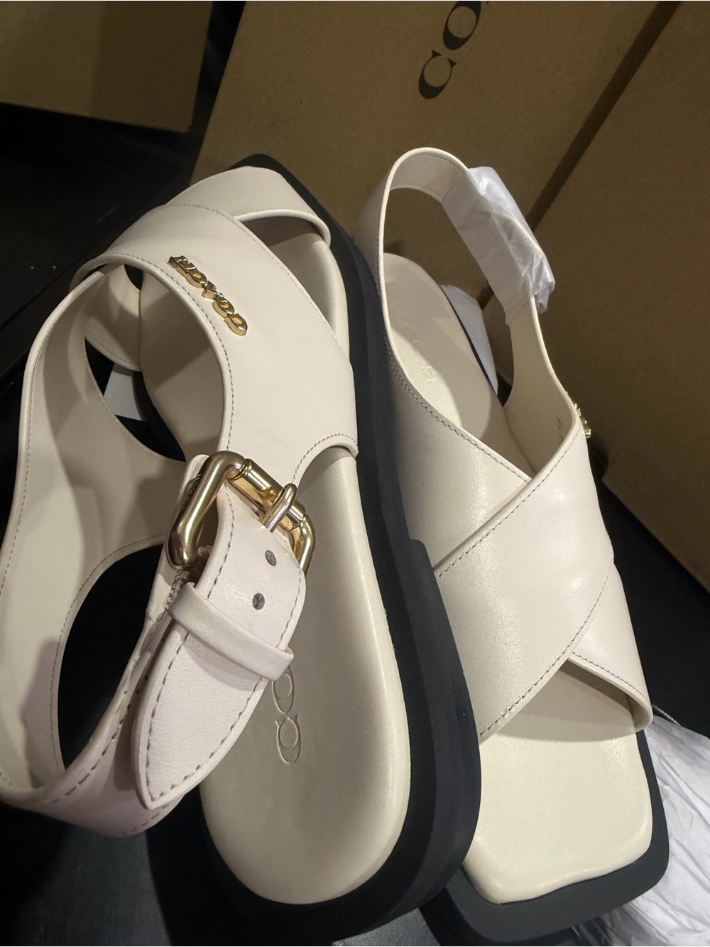 Coach Chalk Leather Crisscross Slide Sandals with Gold Logo CAP62 size 7.5 B - Picture 8 of 16